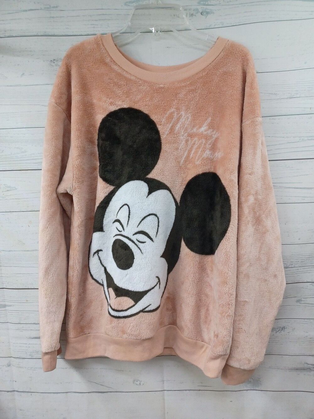 Disney Mickey Mouse Women's Fleece Fuzzy Soft Sweater Pink Peachy Sz L (11-13)